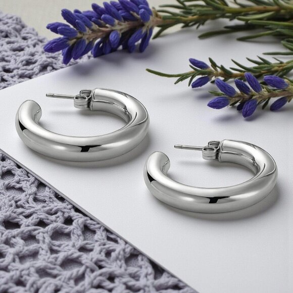 Chunky C Hoop Earrings 18K White Gold Plated Stainless Steel Minimalist - Picture 7 of 13